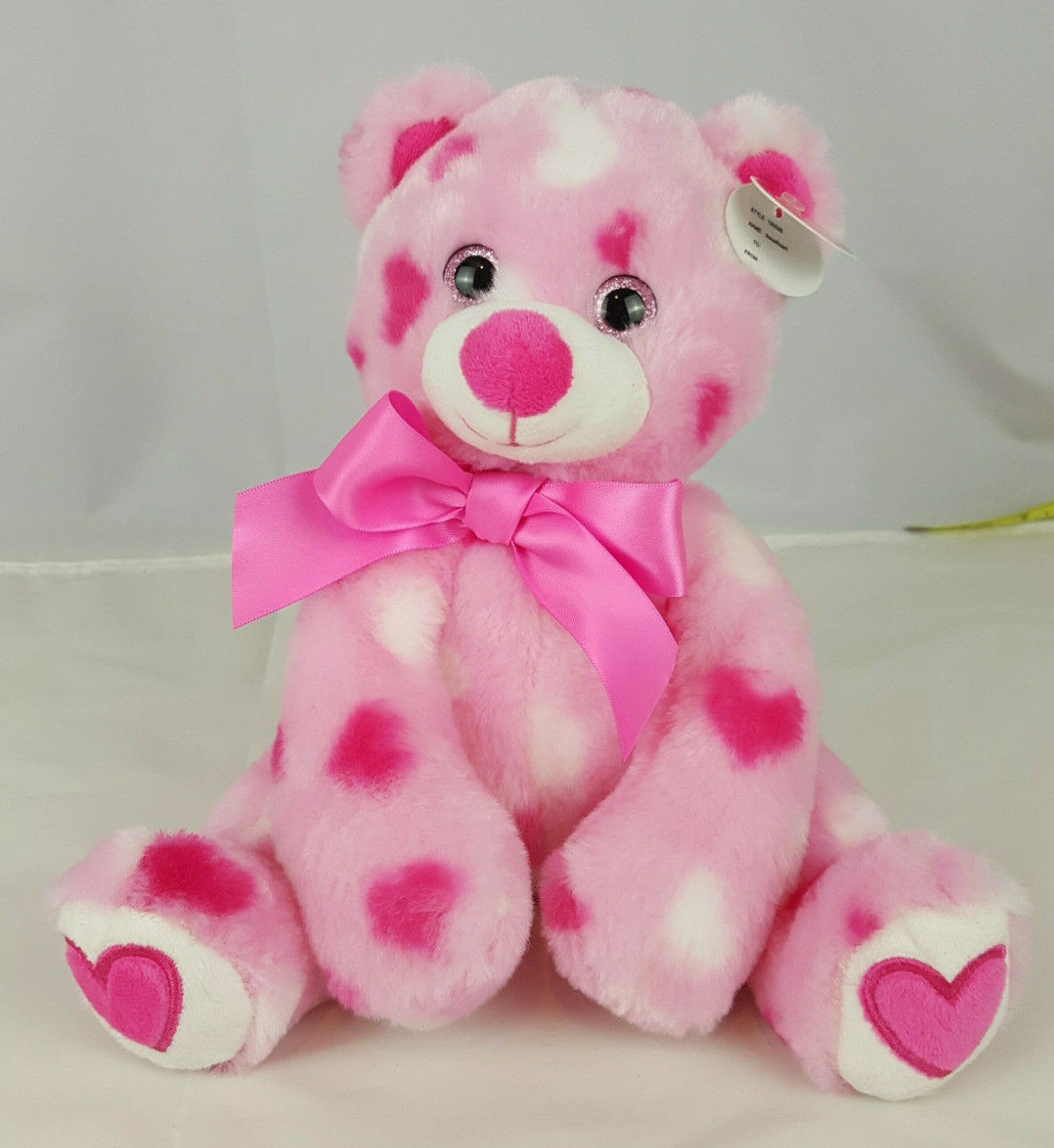 Bearington Pink Bear 8" Plush Pink Glitter Eyes All Over Hearts Pink Bow  W/ Tag